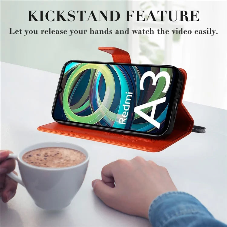 KT Imprinting Flower Series-2 For Xiaomi Redmi A3 Case Card Holder Wrist Strap Leather Phone Cover