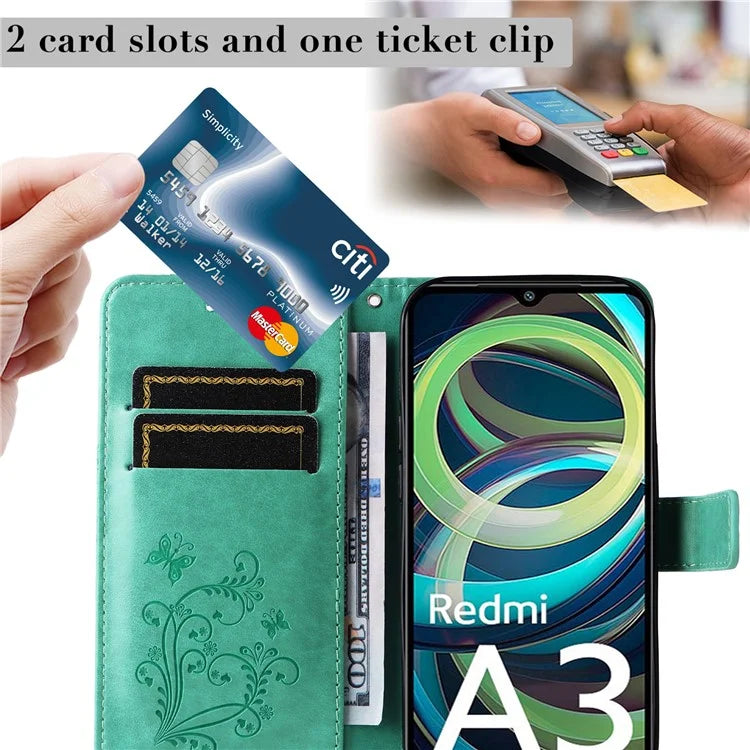 KT Imprinting Flower Series-2 For Xiaomi Redmi A3 Case Card Holder Wrist Strap Leather Phone Cover