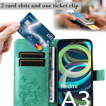 KT Imprinting Flower Series-2 For Xiaomi Redmi A3 Case Card Holder Wrist Strap Leather Phone Cover