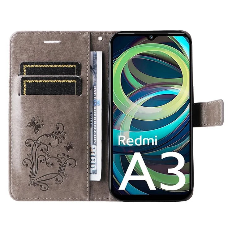 KT Imprinting Flower Series-2 For Xiaomi Redmi A3 Case Card Holder Wrist Strap Leather Phone Cover