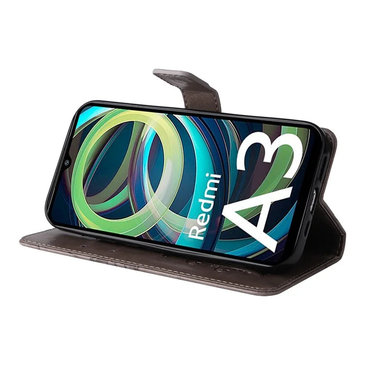 KT Imprinting Flower Series-2 For Xiaomi Redmi A3 Case Card Holder Wrist Strap Leather Phone Cover