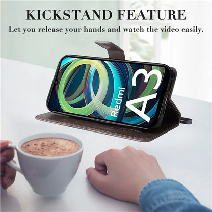 KT Imprinting Flower Series-2 For Xiaomi Redmi A3 Case Card Holder Wrist Strap Leather Phone Cover
