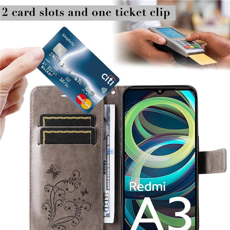 KT Imprinting Flower Series-2 For Xiaomi Redmi A3 Case Card Holder Wrist Strap Leather Phone Cover