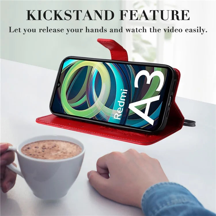 KT Imprinting Flower Series-2 For Xiaomi Redmi A3 Case Card Holder Wrist Strap Leather Phone Cover