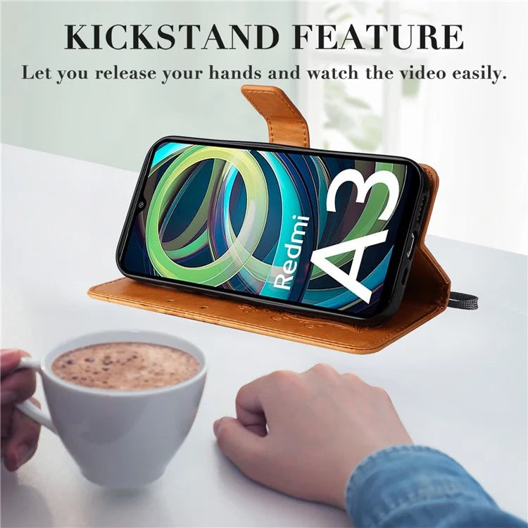 KT Imprinting Flower Series-2 For Xiaomi Redmi A3 Case Card Holder Wrist Strap Leather Phone Cover