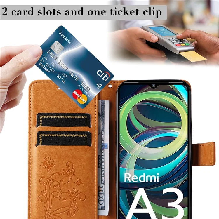 KT Imprinting Flower Series-2 For Xiaomi Redmi A3 Case Card Holder Wrist Strap Leather Phone Cover