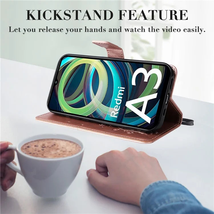KT Imprinting Flower Series-2 For Xiaomi Redmi A3 Case Card Holder Wrist Strap Leather Phone Cover