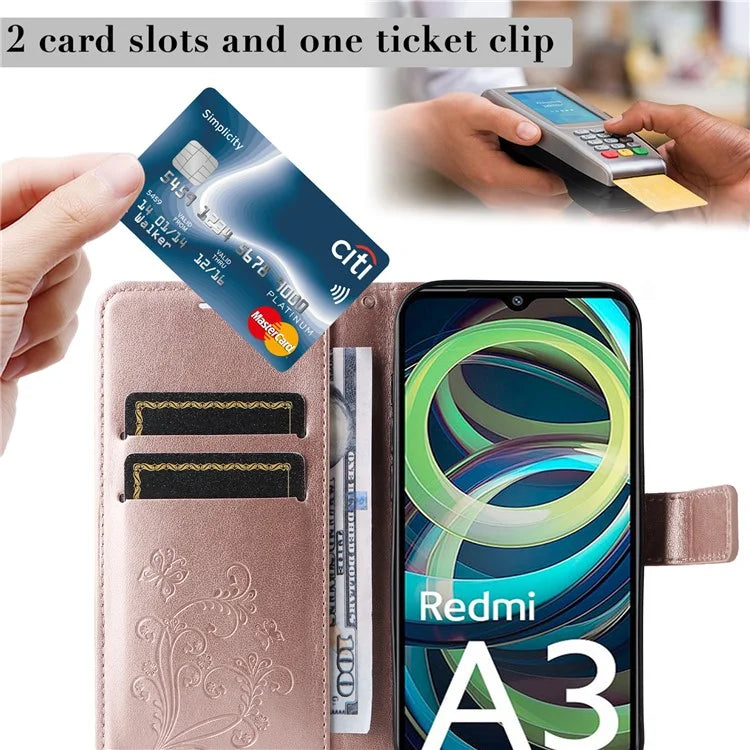 KT Imprinting Flower Series-2 For Xiaomi Redmi A3 Case Card Holder Wrist Strap Leather Phone Cover