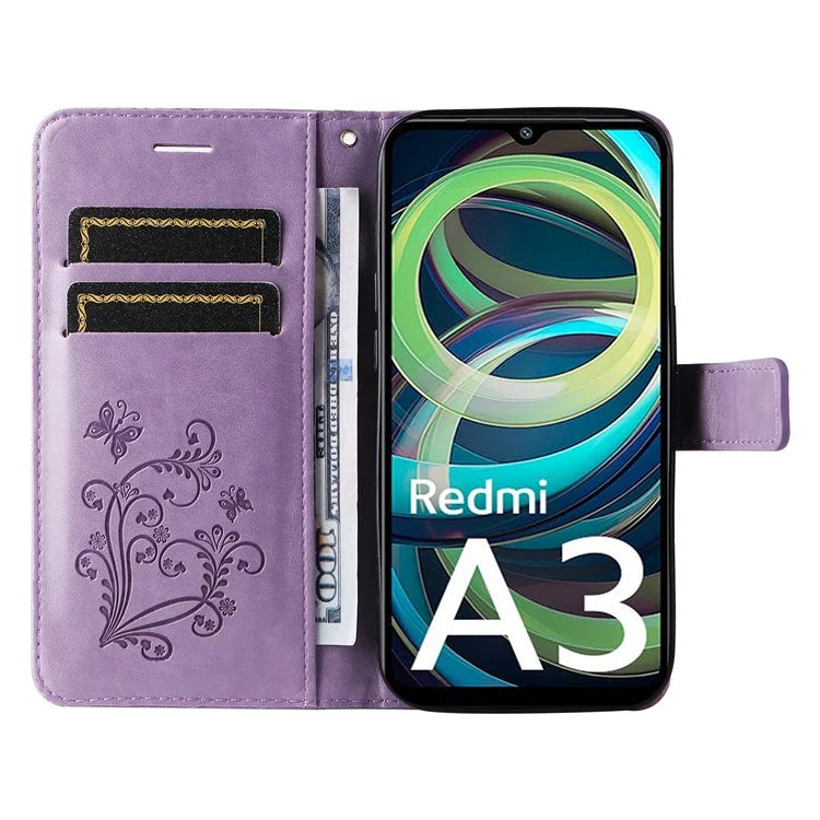 KT Imprinting Flower Series-2 For Xiaomi Redmi A3 Case Card Holder Wrist Strap Leather Phone Cover