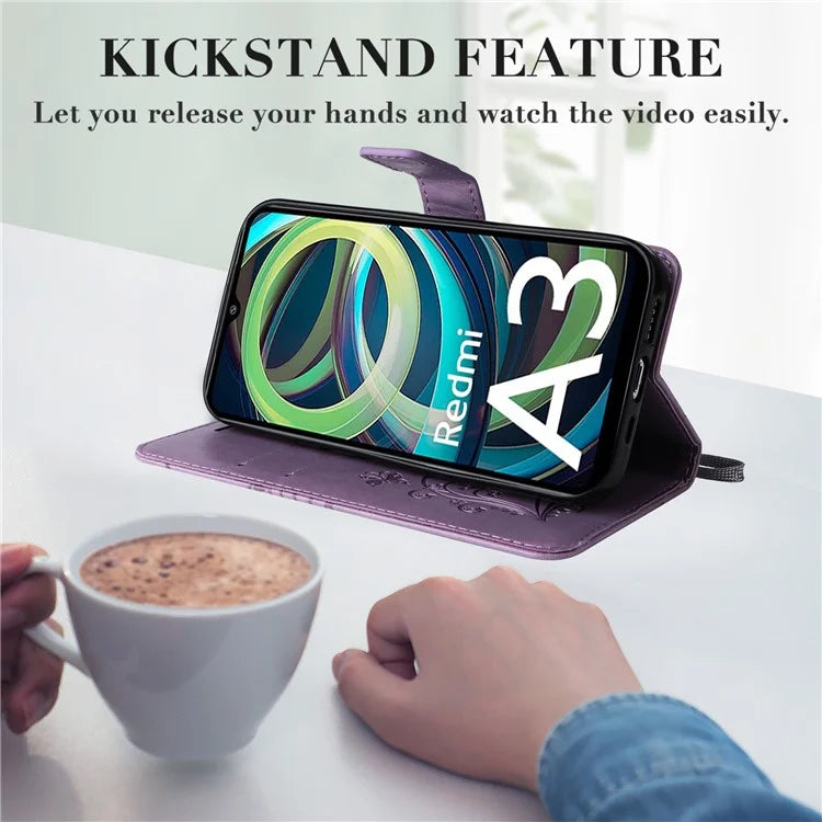KT Imprinting Flower Series-2 For Xiaomi Redmi A3 Case Card Holder Wrist Strap Leather Phone Cover