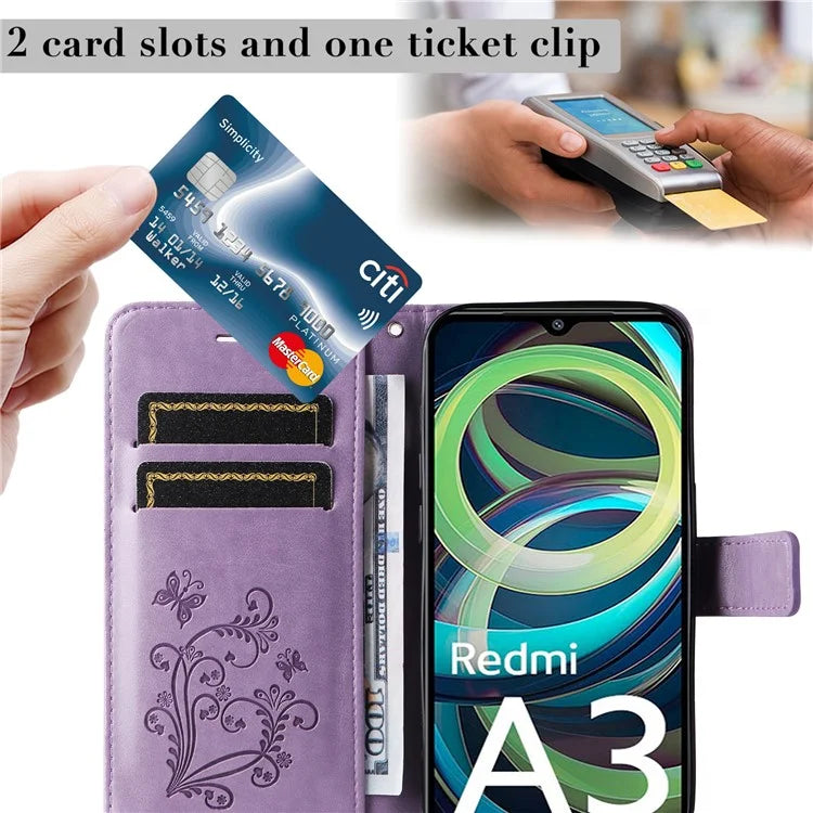 KT Imprinting Flower Series-2 For Xiaomi Redmi A3 Case Card Holder Wrist Strap Leather Phone Cover