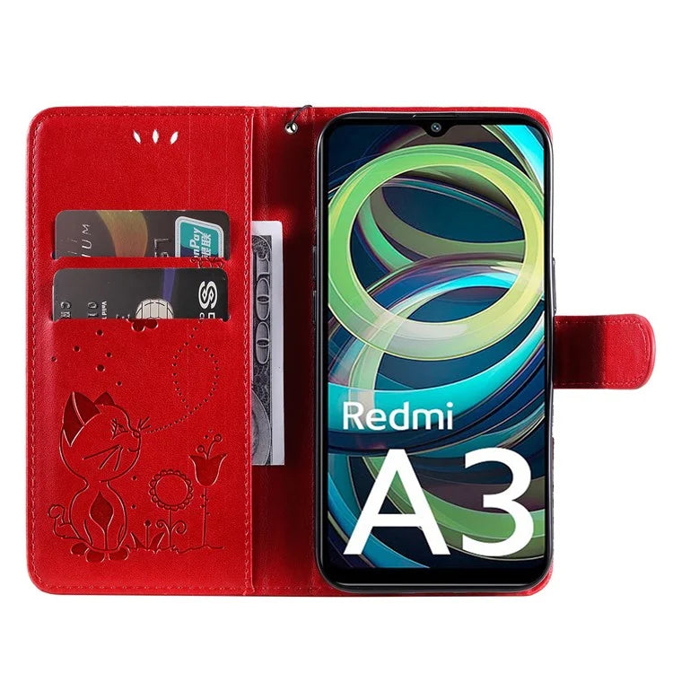 KT Imprinting Flower Series-4 For Xiaomi Redmi A3 Case PU Leather Cat Bee Pattern Phone Cover