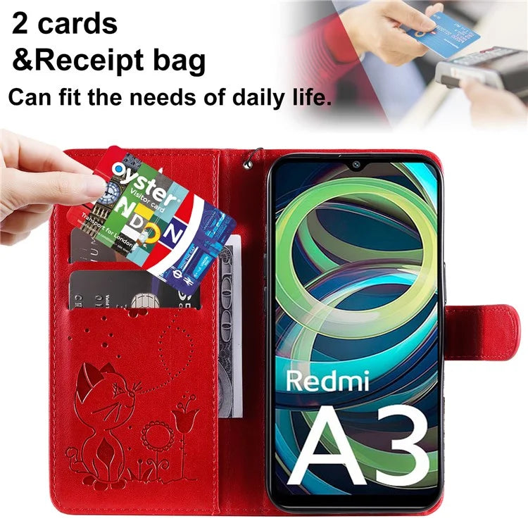 KT Imprinting Flower Series-4 For Xiaomi Redmi A3 Case PU Leather Cat Bee Pattern Phone Cover