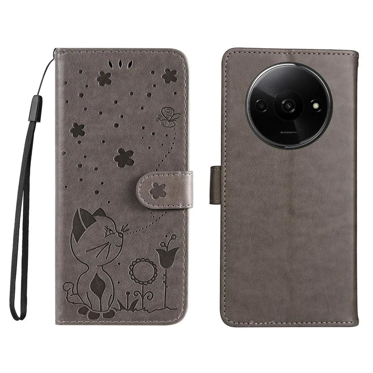 KT Imprinting Flower Series-4 For Xiaomi Redmi A3 Case PU Leather Cat Bee Pattern Phone Cover