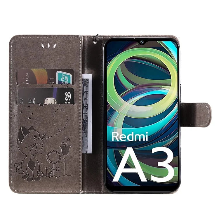 KT Imprinting Flower Series-4 For Xiaomi Redmi A3 Case PU Leather Cat Bee Pattern Phone Cover