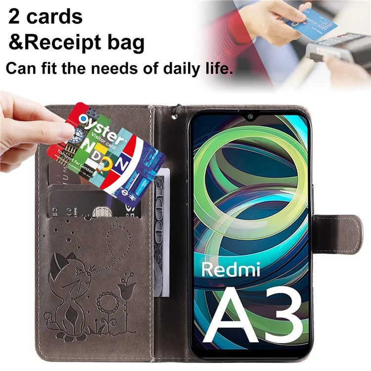 KT Imprinting Flower Series-4 For Xiaomi Redmi A3 Case PU Leather Cat Bee Pattern Phone Cover