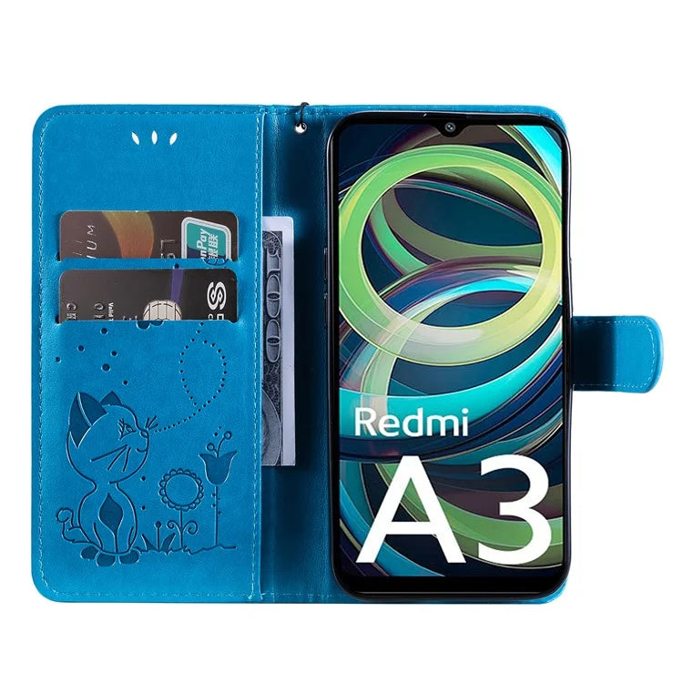 KT Imprinting Flower Series-4 For Xiaomi Redmi A3 Case PU Leather Cat Bee Pattern Phone Cover