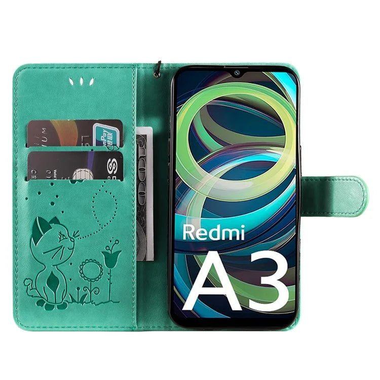 KT Imprinting Flower Series-4 For Xiaomi Redmi A3 Case PU Leather Cat Bee Pattern Phone Cover