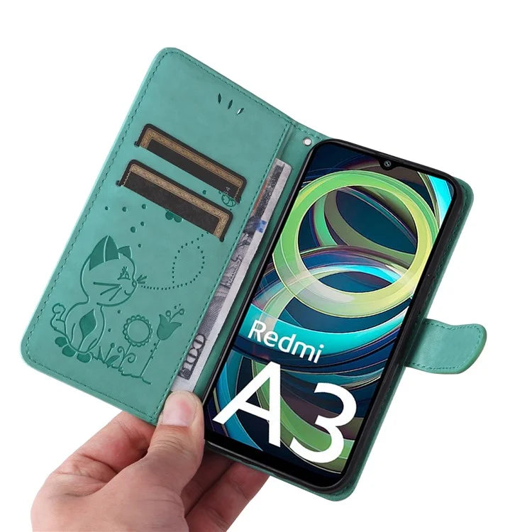 KT Imprinting Flower Series-4 For Xiaomi Redmi A3 Case PU Leather Cat Bee Pattern Phone Cover