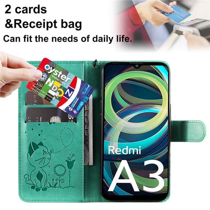 KT Imprinting Flower Series-4 For Xiaomi Redmi A3 Case PU Leather Cat Bee Pattern Phone Cover