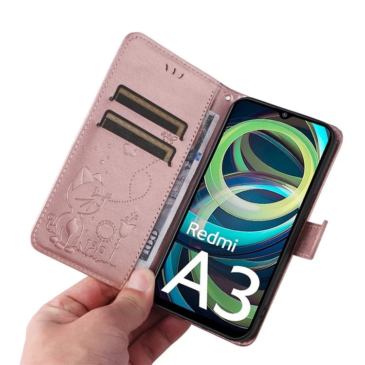 KT Imprinting Flower Series-4 For Xiaomi Redmi A3 Case PU Leather Cat Bee Pattern Phone Cover