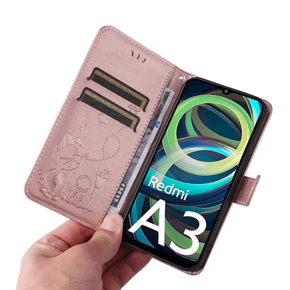KT Imprinting Flower Series-4 For Xiaomi Redmi A3 Case PU Leather Cat Bee Pattern Phone Cover