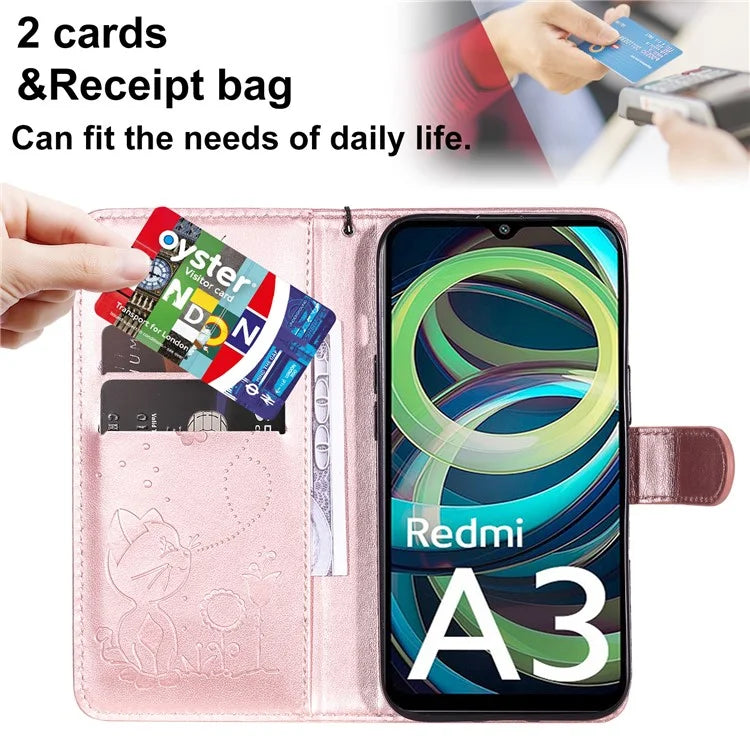 KT Imprinting Flower Series-4 For Xiaomi Redmi A3 Case PU Leather Cat Bee Pattern Phone Cover