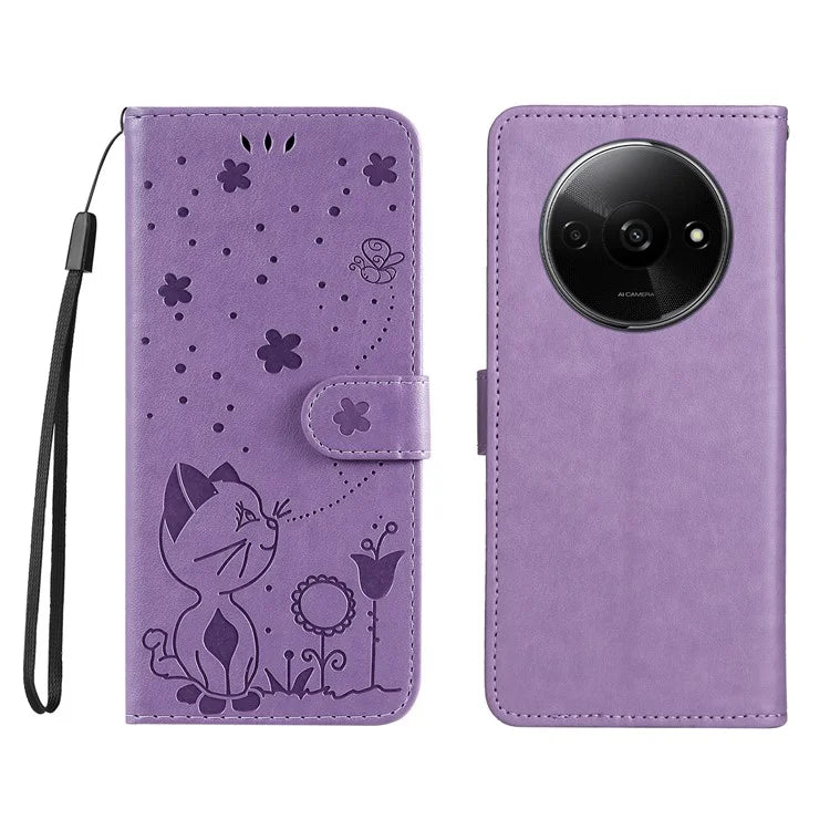 KT Imprinting Flower Series-4 For Xiaomi Redmi A3 Case PU Leather Cat Bee Pattern Phone Cover
