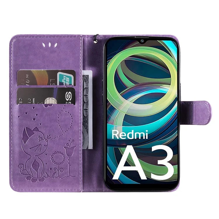 KT Imprinting Flower Series-4 For Xiaomi Redmi A3 Case PU Leather Cat Bee Pattern Phone Cover