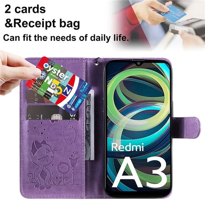 KT Imprinting Flower Series-4 For Xiaomi Redmi A3 Case PU Leather Cat Bee Pattern Phone Cover