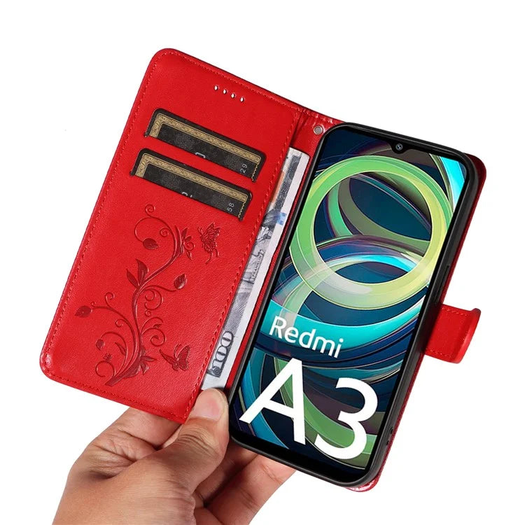 For Xiaomi Redmi A3 Leather Case Butterfly Flower Pattern Wallet Phone Cover