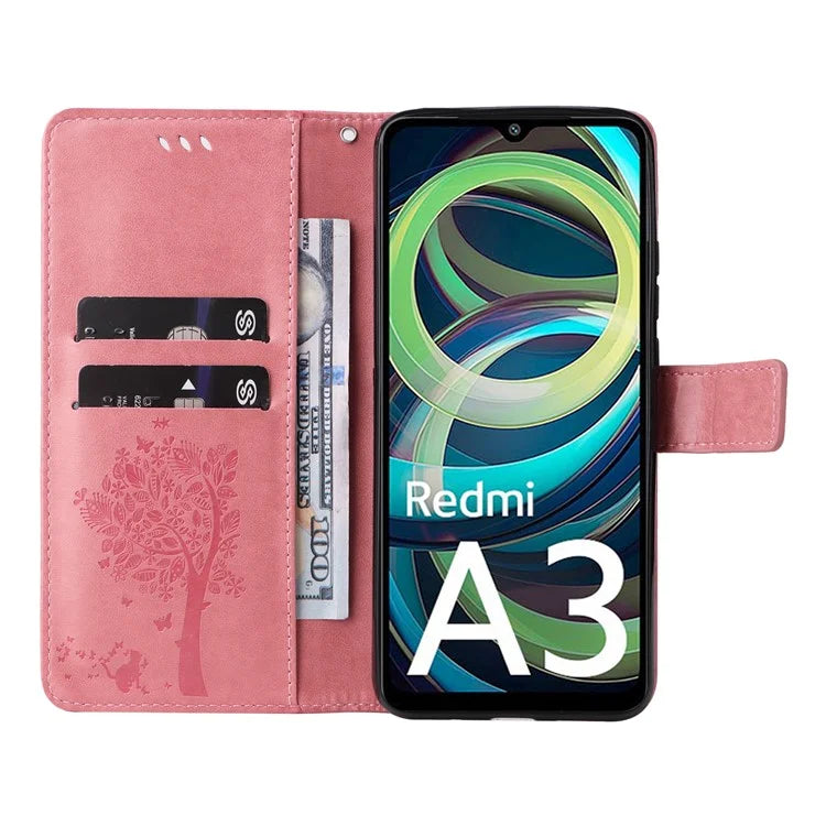 KT Imprinting Flower Series-3 For Xiaomi Redmi A3 Wallet Case Cat Tree Pattern Leather Phone Cover