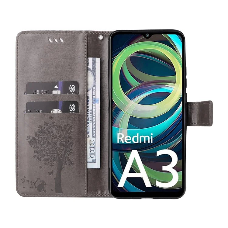 KT Imprinting Flower Series-3 For Xiaomi Redmi A3 Wallet Case Cat Tree Pattern Leather Phone Cover