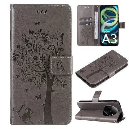 KT Imprinting Flower Series-3 For Xiaomi Redmi A3 Wallet Case Cat Tree Pattern Leather Phone Cover