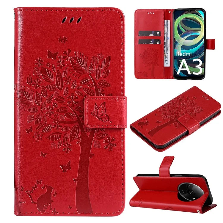 KT Imprinting Flower Series-3 For Xiaomi Redmi A3 Wallet Case Cat Tree Pattern Leather Phone Cover
