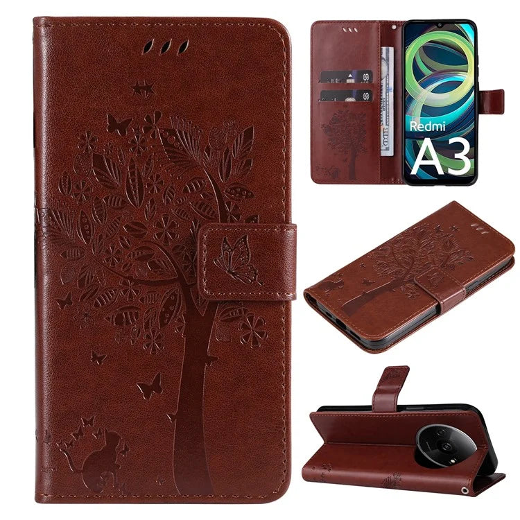 KT Imprinting Flower Series-3 For Xiaomi Redmi A3 Wallet Case Cat Tree Pattern Leather Phone Cover