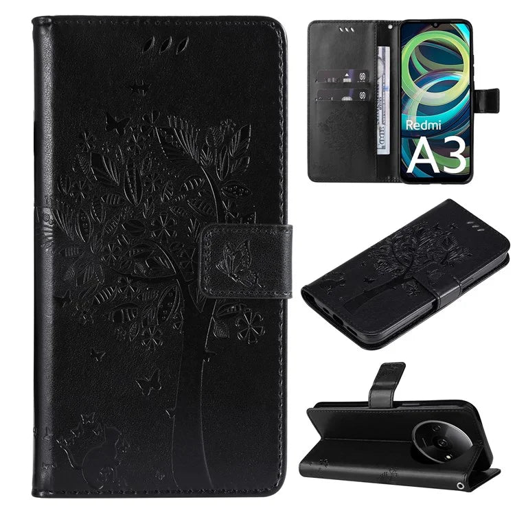 KT Imprinting Flower Series-3 For Xiaomi Redmi A3 Wallet Case Cat Tree Pattern Leather Phone Cover