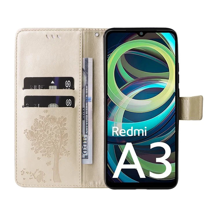 KT Imprinting Flower Series-3 For Xiaomi Redmi A3 Wallet Case Cat Tree Pattern Leather Phone Cover