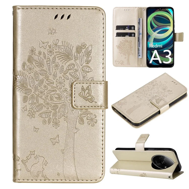 KT Imprinting Flower Series-3 For Xiaomi Redmi A3 Wallet Case Cat Tree Pattern Leather Phone Cover