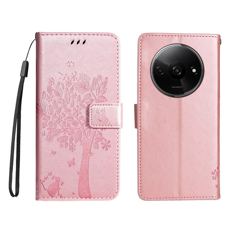 KT Imprinting Flower Series-3 For Xiaomi Redmi A3 Wallet Case Cat Tree Pattern Leather Phone Cover Gold
