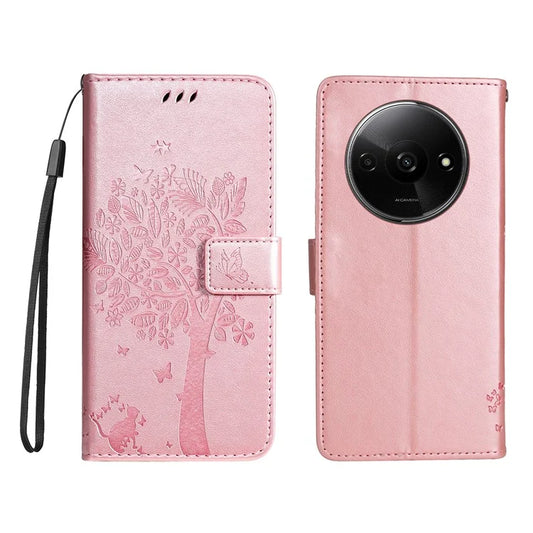 KT Imprinting Flower Series-3 For Xiaomi Redmi A3 Wallet Case Cat Tree Pattern Leather Phone Cover Gold