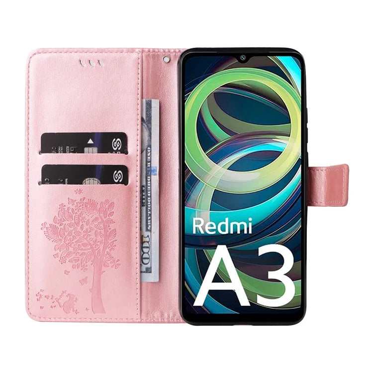 KT Imprinting Flower Series-3 For Xiaomi Redmi A3 Wallet Case Cat Tree Pattern Leather Phone Cover Gold