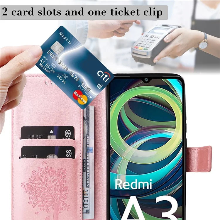 KT Imprinting Flower Series-3 For Xiaomi Redmi A3 Wallet Case Cat Tree Pattern Leather Phone Cover Gold