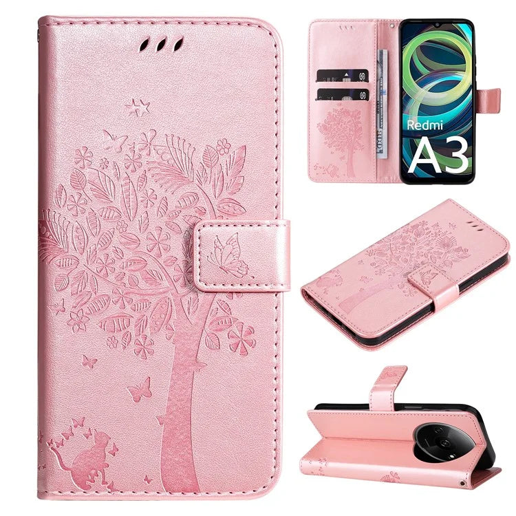 KT Imprinting Flower Series-3 For Xiaomi Redmi A3 Wallet Case Cat Tree Pattern Leather Phone Cover Gold