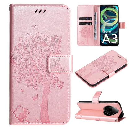 KT Imprinting Flower Series-3 For Xiaomi Redmi A3 Wallet Case Cat Tree Pattern Leather Phone Cover Gold