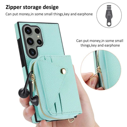 For Samsung Galaxy S24 Ultra Case RFID Blocking Zipper Wallet Back Shell with Crossbody Strap