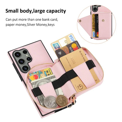 For Samsung Galaxy S24 Ultra Case RFID Blocking Zipper Wallet Back Shell with Crossbody Strap