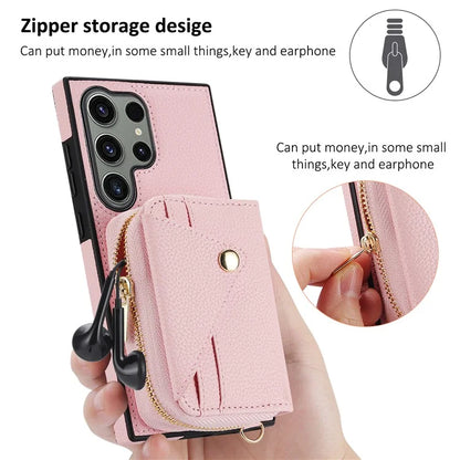 For Samsung Galaxy S24 Ultra Case RFID Blocking Zipper Wallet Back Shell with Crossbody Strap