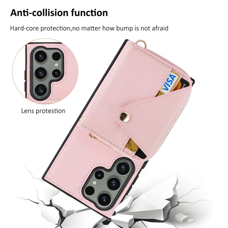 For Samsung Galaxy S24 Ultra Case RFID Blocking Zipper Wallet Back Shell with Crossbody Strap