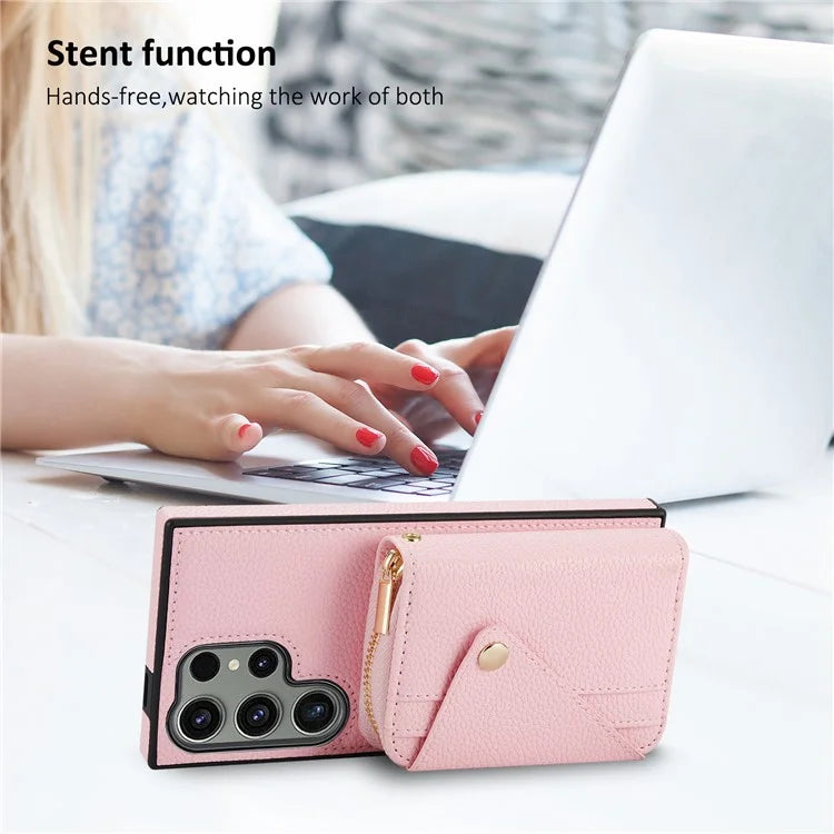For Samsung Galaxy S24 Ultra Case RFID Blocking Zipper Wallet Back Shell with Crossbody Strap